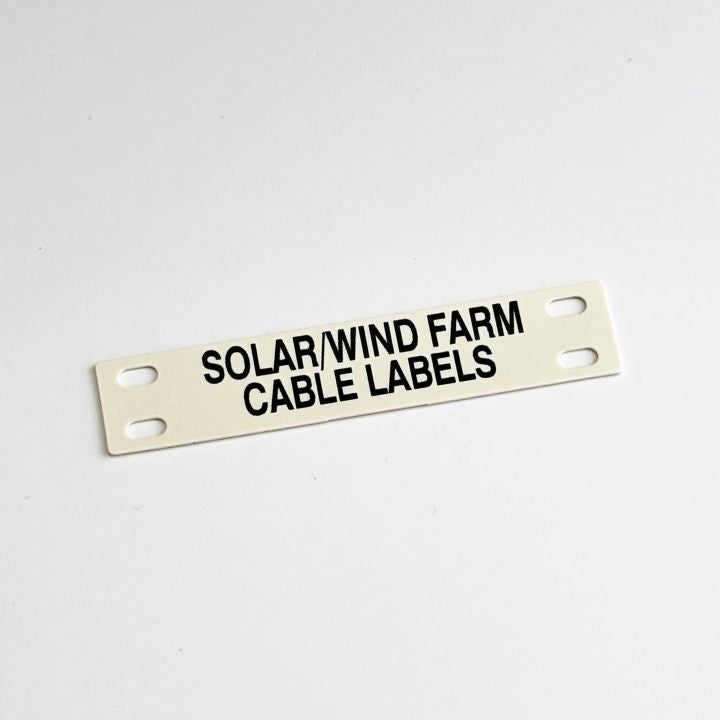 Label with 'Solar/Wind Farm Cable Labels' text on a white background by www.cablelabels.uk