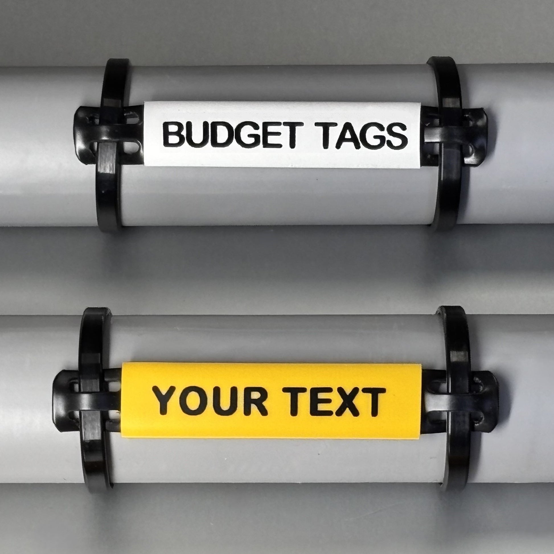 Budget solar park labels in yellow and white