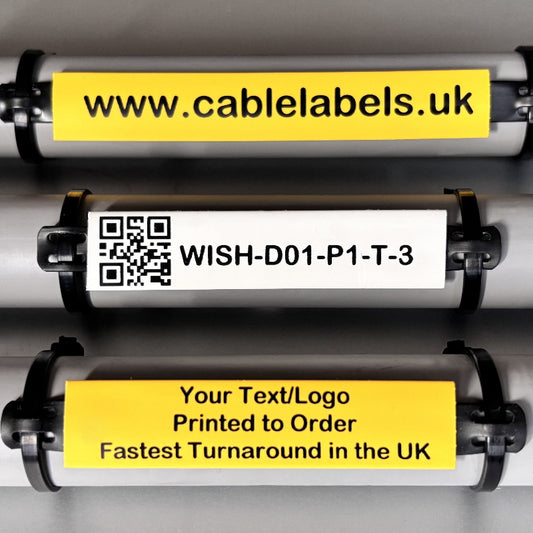 Cable labels with text and QR code on a gray background