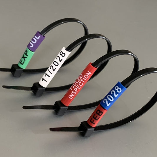 Black cable tie date tags in a variety of colours displaying text and dates